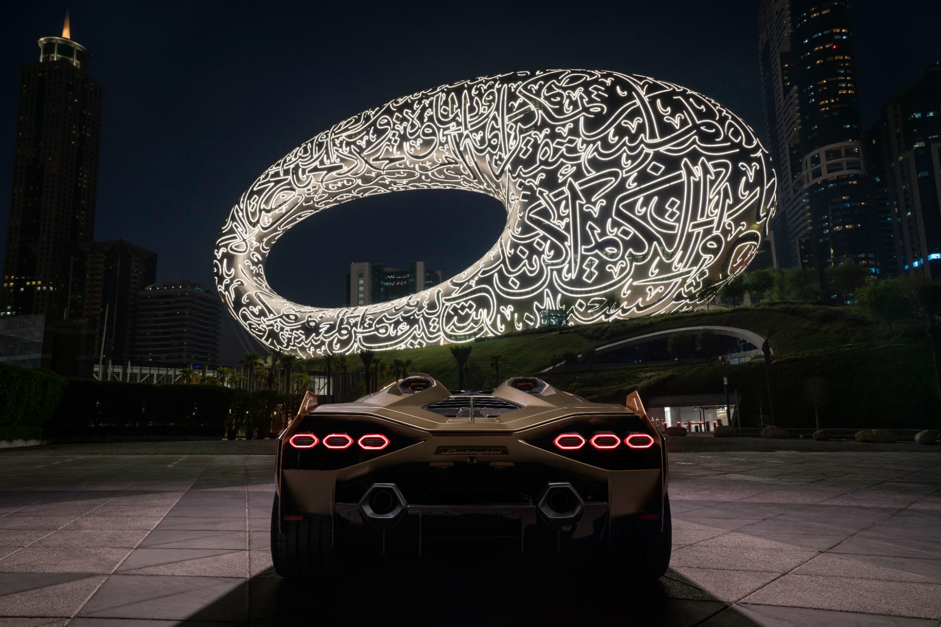 Lamborghini Sián Roadster beneath Dubai's Museum of the Future